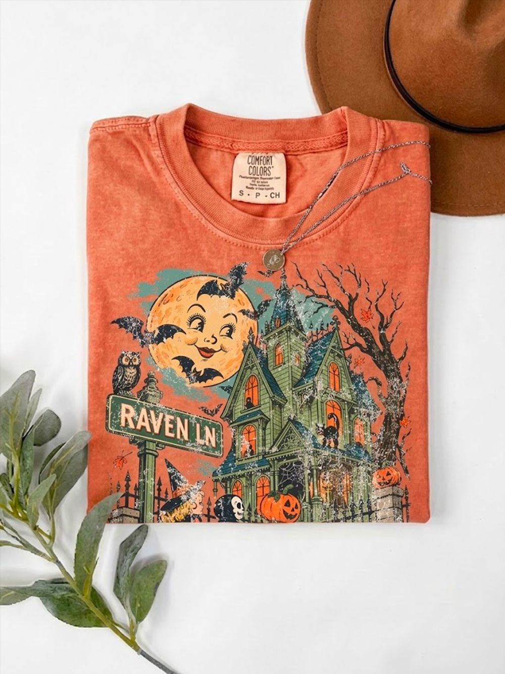 Distressed Retro Haunted House Orange Comfort Colors T-Shirt